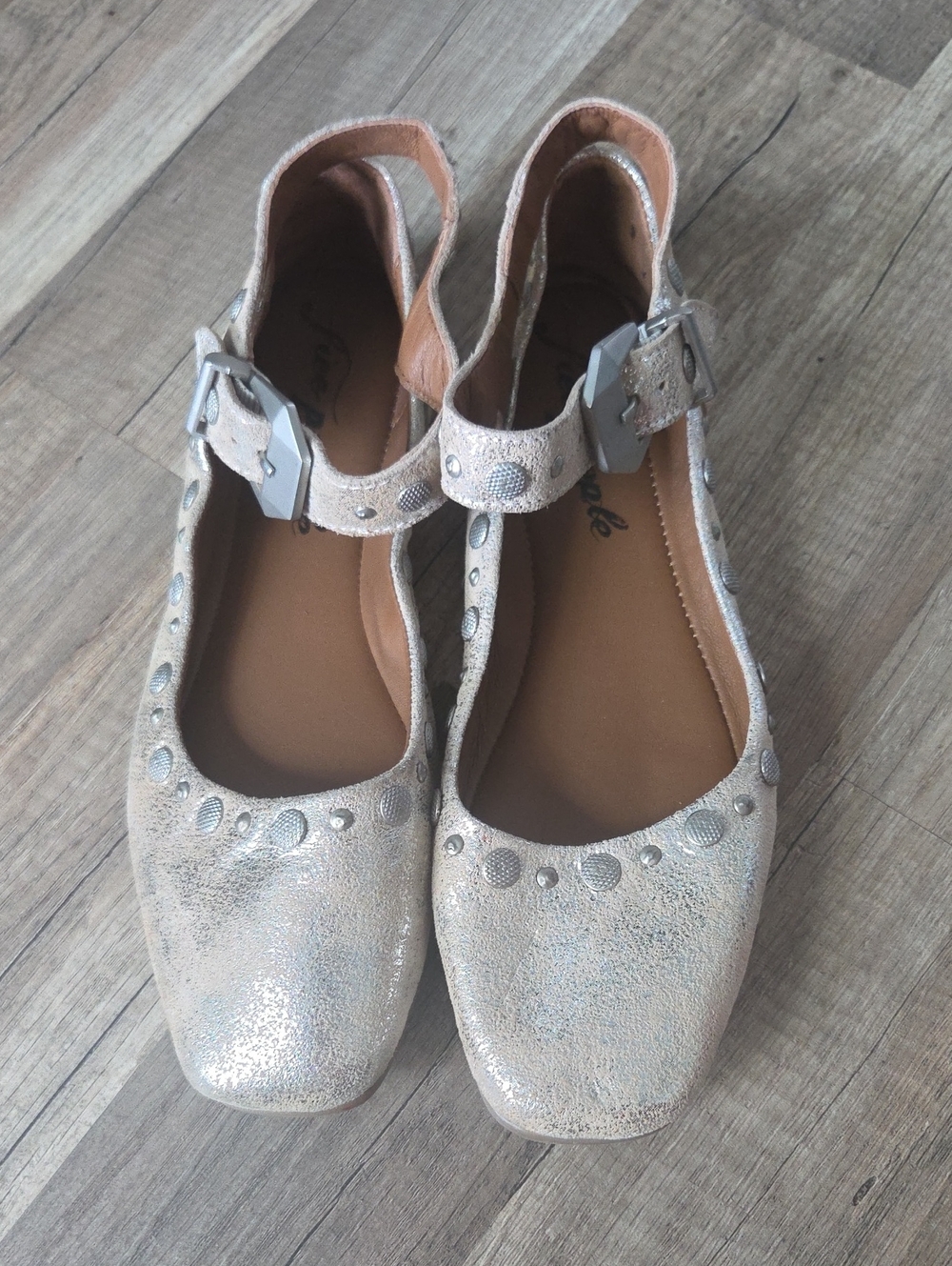 Free People Silver Metallic Cream Studded Ankle-Strap Flats